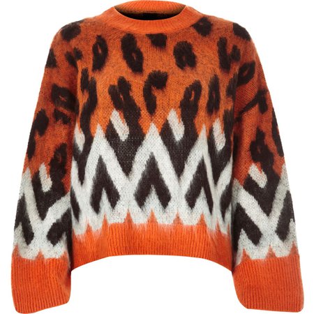 Orange knit leopard print wide sleeve jumper - Sweaters - Knitwear - women