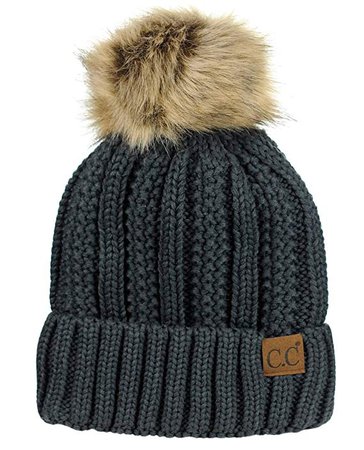 C.C Thick Cable Knit Faux Fuzzy Fur Pom Fleece Lined Skull Cap Cuff Beanie, Mustard at Amazon Women’s Clothing store