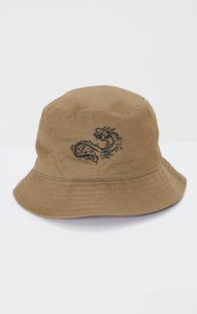 Khaki Dragon Embroidered Bucket Hat | PrettyLittleThing