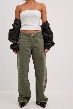 Mid Waist Loose Jeans with Seam Details Green | NA-KD