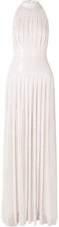 Pleated Sequined Chiffon Gown - White