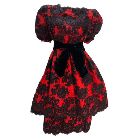 1980 Pauline Trigere Red Silk Taffeta and Black Lace Overlay Cocktail Dress For Sale at 1stDibs