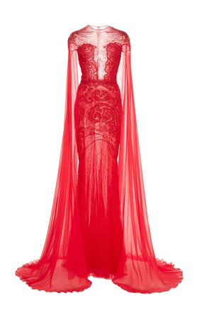 Embroidered Tulle Cape Sleeve Gown by Zuhair Murad