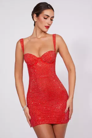 Ines Embellished Corset Mini Dress in Fire Red | Oh Polly