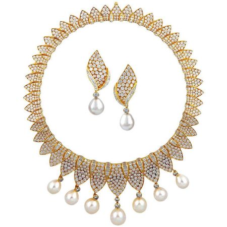 Fred Paris Diamond and Pearl Necklace Suite For Sale at 1stDibs