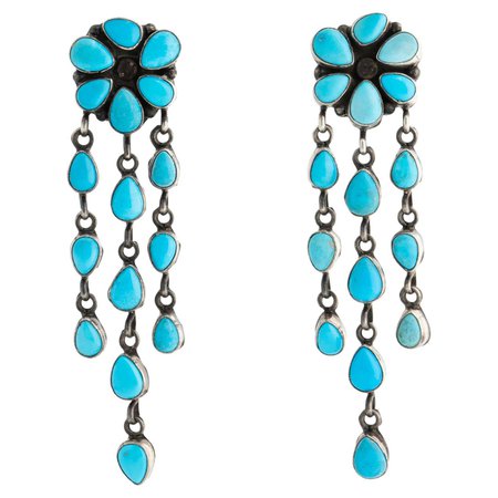 Vintage Signed Navajo Native American Sleeping Beauty Turquoise Long Earrings For Sale at 1stDibs