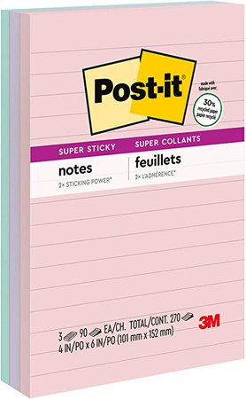 Post-it Notes Recycled Lined Super Sticky Notes, 4" x 6", 3 Pads, 90 Sheets/Pad, Bali Colours : Amazon.ca: Office Products