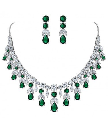 Women's Wedding Bridal CZ Cluster Leaf Teardrop Statement Necklace Dangle Earrings Set Emerald Color CF185OXURZ4