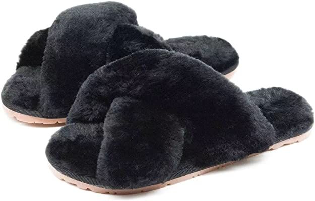 Amazon.com | Women's Fuzzy Cross Band House Slippers Soft Plush Furry Fur Open Toe Cozy Memory Foam Winter Warm Comfy Slip On Breathable Sandals Indoor Outdoor Slippers for Women and Girls (06/Black, 7-8) | Shoes