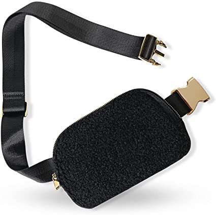Boutique Fleece Belt Bag | Sherpa Crossbody Bag Fanny Pack for Women Fashionable | Cute Mini Everywhere Bum Hip Waist Pack | Small Fashion Travel Chest Bag | Gold Accessories | Adjustable Small Strap | Black