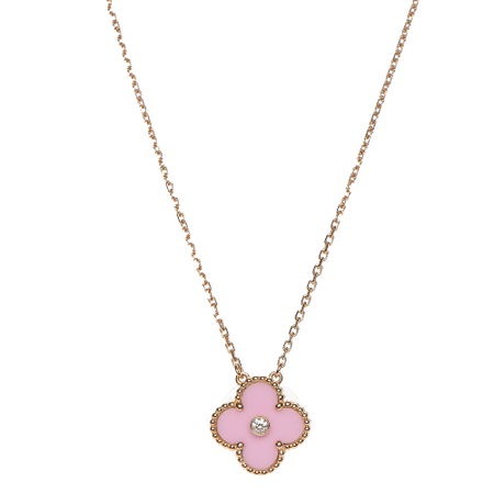 VAN CLEEF & ARPELS - 18K Rose Gold Diamond Pink Porcelain Vintage Alhambra Pendant Necklace