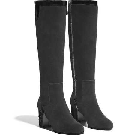Suede Calfskin & Patent Calfskin Black High Boots | CHANEL