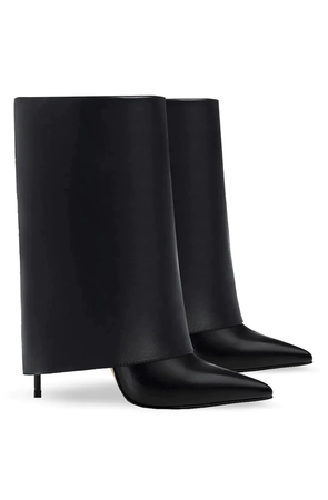 Fold over stilettos pointed toe calf boots