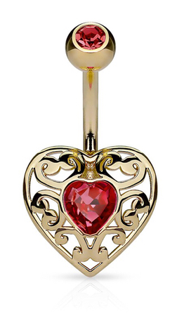 Gold and Red heart belly ring