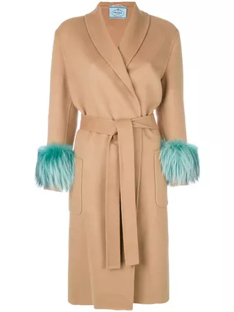 Prada- Faux Fur Cuff Belted Wool Coat