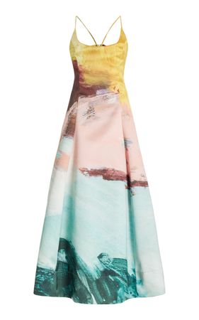 Ballerina Strap Abstract Satin Midi Dress By Oscar De La Renta | Moda Operandi