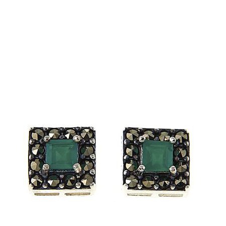 Marcasite and Green Agate Square Sterling Silver Stud Earrings - 8764769 | HSN