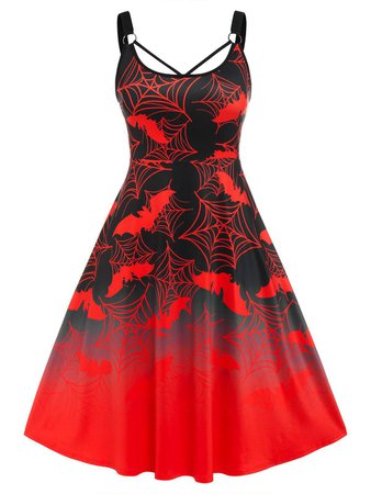 Plus Size Bat Spider Web Print Halloween Midi Dress [32% OFF] | Rosegal