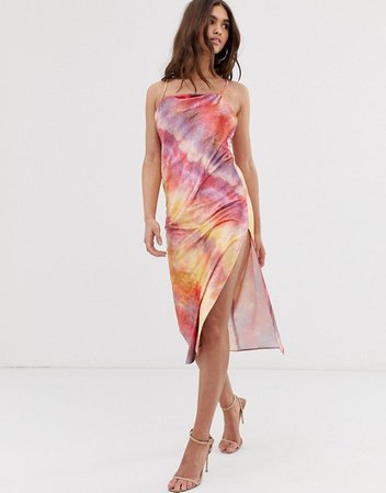 ASOS DESIGN midi cami slip dress in high shine with strappy back in tie dye print | ASOS