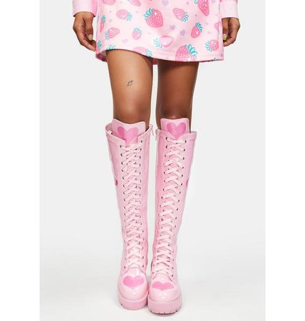 Sugar Thrillz Glitter Hearts Knee High Combat Boots - Pink | Dolls Kill