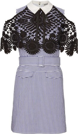SELF-PORTRAIT Lace-cape striped cotton mini dress