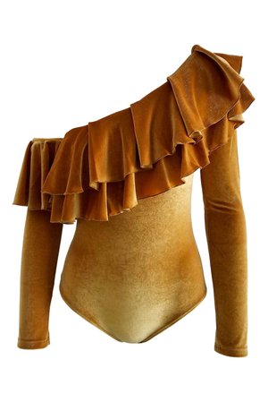 Royalty Velvet Ruffle Bodysuit in Gold