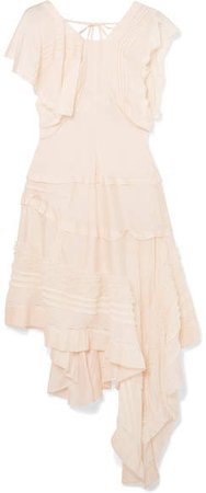 Asymmetric Lace-trimmed Silk-blend Midi Dress - Cream