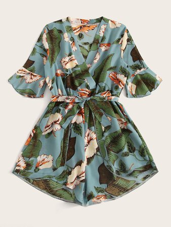 Surplice Floral Print Belted Playsuit | SHEIN