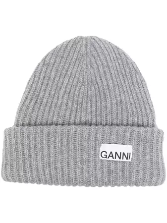 GANNI logo-patch rib-knit Beanie - Farfetch