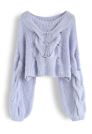 Hand-Knit Puff Sleeves Sweater in Blue - Retro, Indie and Unique Fashion