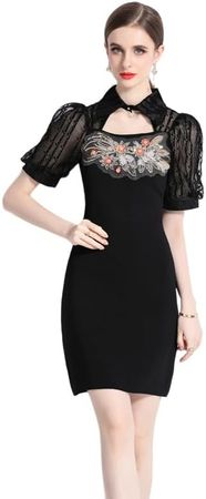 Women's 2023 Summer Hepburn Style Lapel Short Sleeve Bow lace Puffy Sleeve Black Dress at Amazon Women’s Clothing store