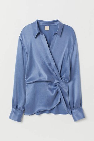 Wrapover Blouse with Collar - Blue