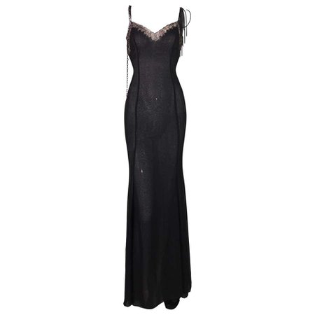 2004 Versace Black Sheer Plunging Chain Embellished Gown Dress w Train For Sale at 1stdibs