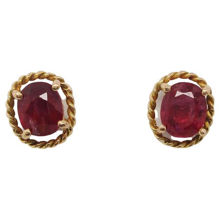 Midcentury 1950s 14k Yellow Gold Ruby Stud Earrings