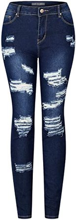 2LUV Women's Stretchy 5 Pocket Skinny Distressed Denim Jeans Denim Blue 5 at Amazon Women's Jeans store