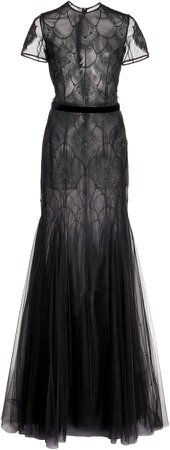 Costarellos Fina Metallic Lace-Detailed Tulle Gown