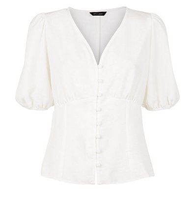 Off White V Neck Puff Sleeve Tea Blouse | New Look