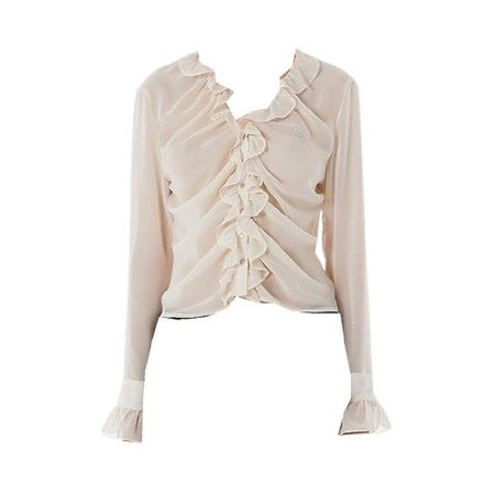 sheer ruffled ruffles long sleeve blouse sheer cream off white silk