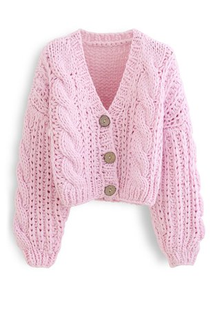 V-Neck Crop Hand-Knit Chunky Cardigan in Pink - Retro, Indie and Unique Fashion