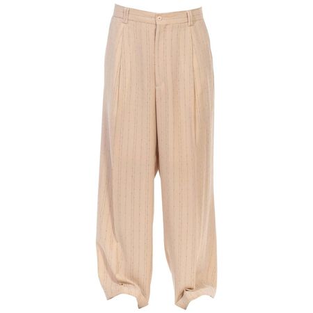1990s Beige Polyester Crepe Wide Leg Pin-Stripe Pants For Sale at 1stDibs