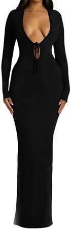 Amazon.com: Women Y2k Long Sleeve Maxi Dress Sexy Deep V Neck Backless Bodycon Long Dress Fashion Solid Color Cut Out Party Dress : Clothing, Shoes & Jewelry