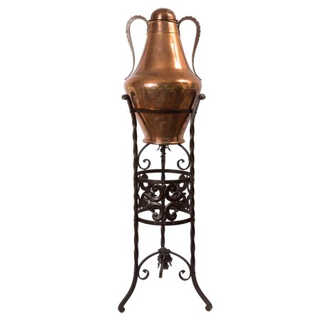 19th Century Spanish Arab Style Copper Two-Handled Jug with Wrought Iron Stand
