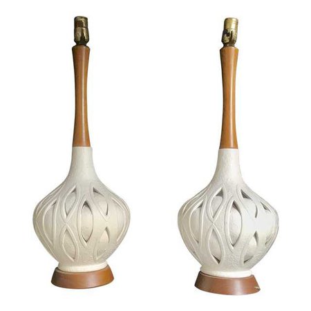 1950s Vintage Mid-Century Off-White Petal Cut-Out Ceramic and Cherry Wood Table Lamps - a Pair | Chairish