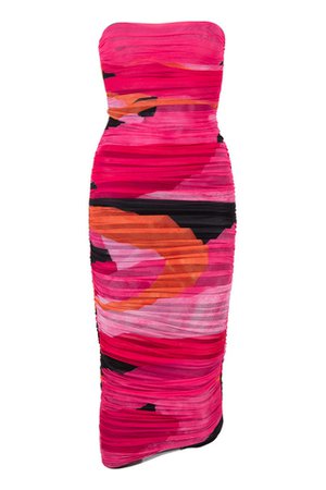 Clothing : Midi Dresses : 'Sasha' Multicoloured Strapless Ruched Midi Dress