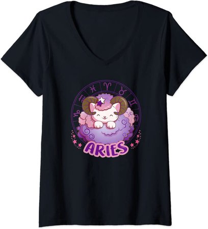 Amazon.com: Womens Kawaii Cat Zodiac Sign Aries V-Neck T-Shirt: Clothing
