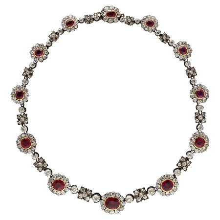 French Antique Stunning Burmese Ruby and Diamond Cluster Necklace, Circa 1870 For Sale at 1stDibs