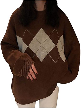 ksowam Women's Oversized Knit Sweater Long Sleeve Crewneck Pullover Y2K Argyle Plaid E-Girls Preppy Style 90s Knitwear Top Brown at Amazon Women’s Clothing store