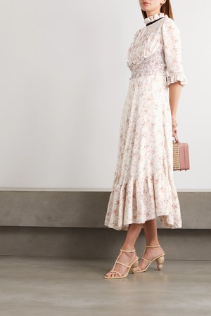 White Gabriella ruffled shirred floral-print cupro midi dress | Lug Von Siga | NET-A-PORTER