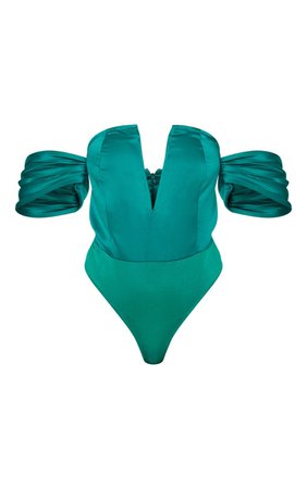 Green Satin Deep Plunge V Wire Bardot Bodysuit | PrettyLittleThing