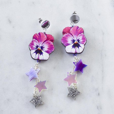 Watercolour pansy shooting star earrings | Etsy